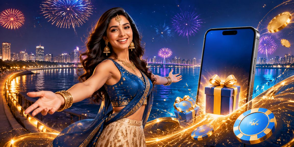 Ahmedabad riverfront casino bonus promotion banner, vibrant blue and gold colors